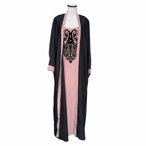 Black Pink Modest Maxi Lounge Dress Layered Long Sleeve Turkish Style 8
